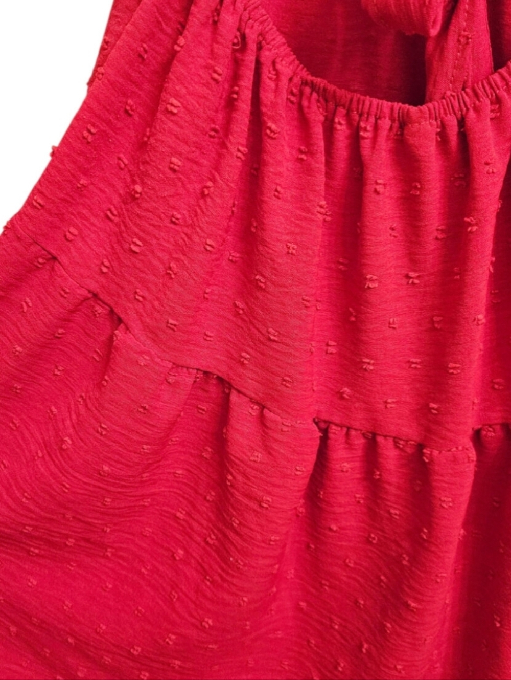 Red Textured Dots Scoop Neck Open Back Ruffle Bubble Sleeve Hi-Lo Dress Large - Picture 5 of 7